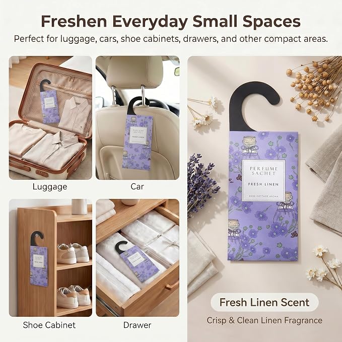 Large 12 Packs Fresh Linen Hanging Scented Sachets Long-Lasting Closet Deodorizer Air Freshener Fabric Refresher Odor Eliminator for Drawer Home Fragrance Gift Set