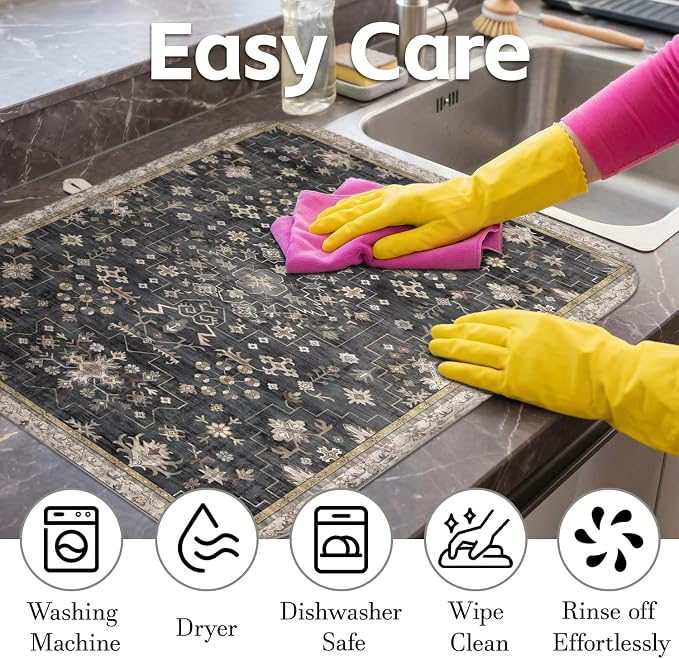 Boho Dish Drying Mat for Kitchen Counter,Vintage Dark Grey Modern Farmhouse Absorbent Microfiber Reusable Washable Non-Slip Dish Drainer Draining Mats Dishes Pad for Kitchen Decor 18x16 Inch
