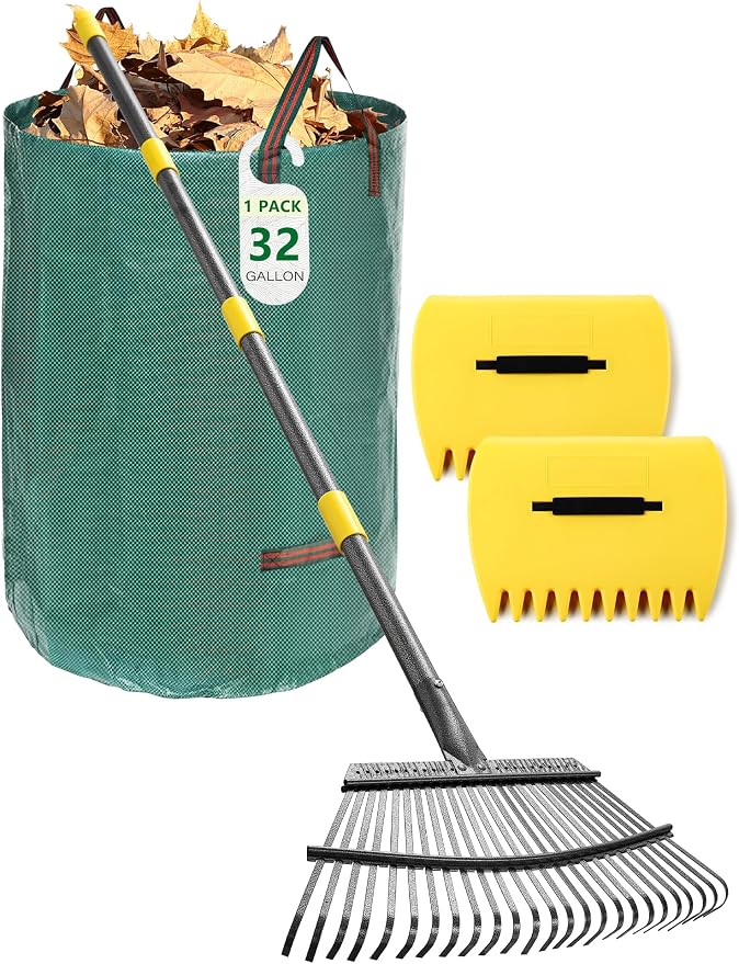 Garden Rake for Leaves Lawns, 3-in-1 Gardening Tools Set with 5 ft Metal Rake, Leaf Scoops Hand Claws, 32 Gallon Reusable Yard Waste Bag, Heavy Duty 25-Tine Rakes for Quick Pick Up, Clear n Collect