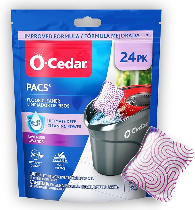 O-Cedar PACS Hard Floor Cleaner, Lavender Scent 24 Count (1-Pack) | Made with Naturally-Derived Ingredients | Safe to Use on All Hard Floors | Perfect for Mop Buckets
