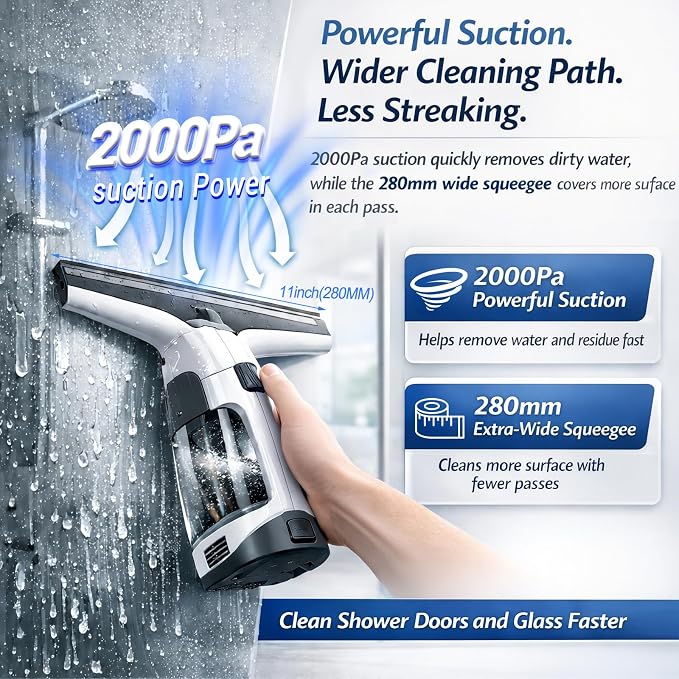 Window Vacuum Squeegee Cordless Electric 2000Pa(White) | Electric squeegee 11-inch blade and 150mL tank for windows, shower doors, mirrors and smooth glass