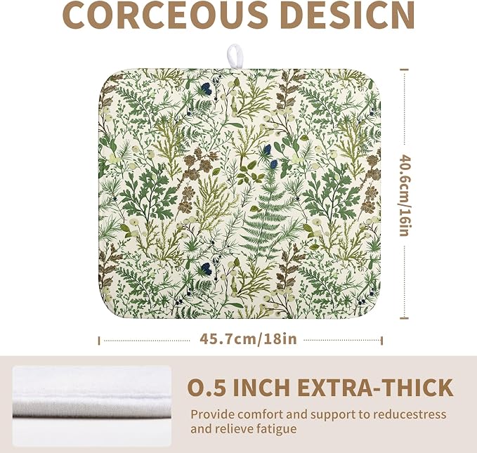 Sage Green Botanical Floral Dish Drying Mat for Kitchen Counter Vintage Herbs Fern Leaves Plant Drying Mats Absorbent Microfiber Dishes Drainer Mats Washable Dish Draining Pad Medium 16"x18"