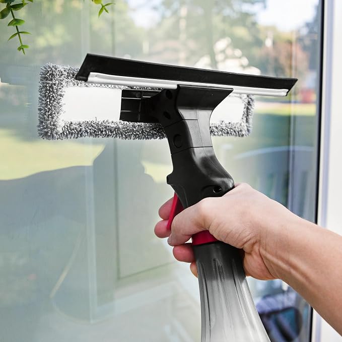 Libman 3-in-1 Window Squeegee Spray Tool – Spray Bottle with Microfiber Scrubber and Rubber Blade – All-in-One Glass Cleaner – Streak-Free Shine – Machine-Washable – Easy Storage & Use