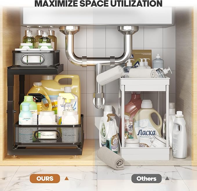 2-Pack Under Sink Storage Organizer with 2-Tier Slide Out Drawer, Sophisticated Mesh Pull Out Shelf for Kitchen & Bathroom, Fits Small Items, Upgraded Arched Track for Smooth Gliding(Patented)