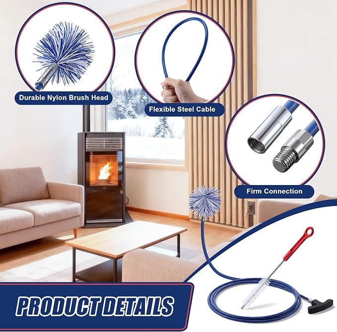 Dreyoo Pellet Stove Cleaning Brush Kit, 10 FT Flexible Steel Rod with 4" Brush Head, T Handle, Multi Purpose Flue Detail Cleaner, Nylon Stove Flue Pipe Kit for Pellet Furnace Exhaust Pipes