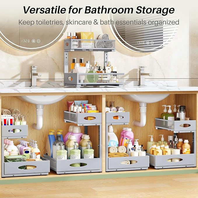 Under Sink Organizer, 1-Pack Pull Out Cabinet Organizer 2 Tier Metal Slide Out Storage Shelf Rack, L-Shaped Adjustable Height,Mesh Sliding Drawer for Kitchen, Bathroom, Laundry, Pantry, Grey, XL