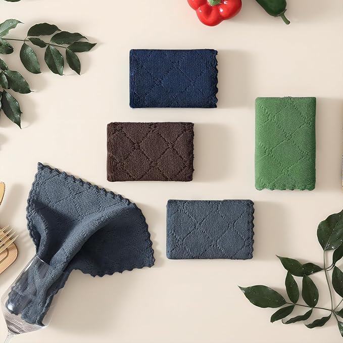 Homaxy 12 Pack Kitchen Dish Cloths, Super Soft and Absorbent Coral Velvet Dish Towels, Nonstick Oil Fast Drying Microfiber Cleaning Cloth, 10 x 10 inches, Navy Blue/Dark Grey/Brown/Grass Green