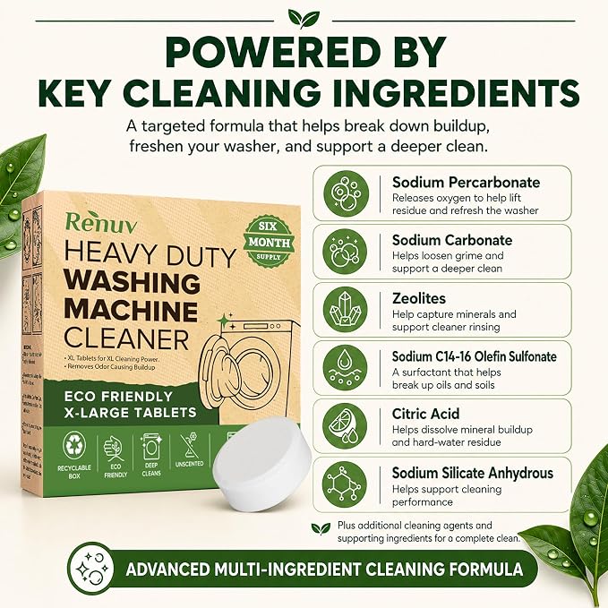 Renuv® Heavy Duty Washing Machine Cleaner & Descaler & Deodorizer Tablets | Deep Cleaning Tablets Remove Residue, Grime Buildup, Front Load or Top Load Washer, HE and Septic Safe, 6 Month Supply