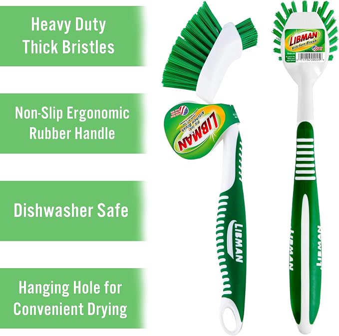 Libman Dish Brush Set with Long Handle - Deep Cleaning Brushes - Dish Scrubber & Scraper - Kitchen Scrub Brush for Dishes, Sinks, Pots, Pans, Vegetables