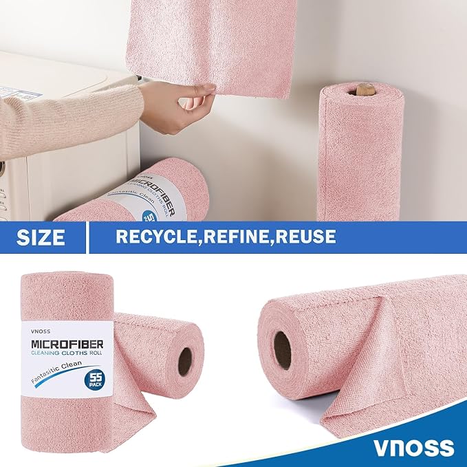 55 Pack Microfiber Cleaning Cloth Roll, Tear Away Reusable Towels, 11" X 9", Ultra Absorbent & Lint Free Cloth for Cars, Kitchen, Window, Home and Shop, Pink