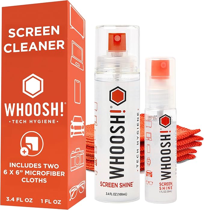 WHOOSH! Screen Shine Duo XL - Screen Cleaner Spray and Wipe for Eyeglasses, Phone & Laptop - Removes Fingerprints - Includes 3.4 oz + 1 oz Leak-Free Bottles & 2 Microfiber Cloths for Home & Travel