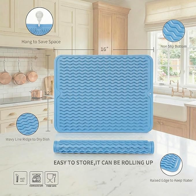 MicoYang Silicone Dish Drying Mat — Quick-Dry Ridges Counter & Sink Pad, Heat-Resistant Trivet to 450°F, Non-Slip & Dishwasher Safe, Roll-Up Storage, 18 Colors & 9 Sizes (Light Blue, 16"×12")