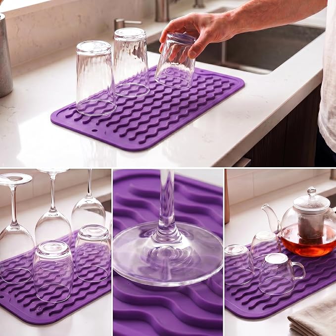 MicoYang Silicone Dish Drying Mat for Multiple Usage,Easy clean,Eco-friendly,Heat-resistant Silicone Mat for Kitchen Counter or Sink,Refrigerator or Drawer Liner Purple S 12 inches x 6 inches