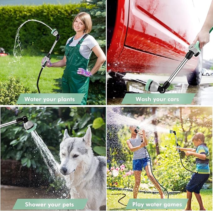 RESTMO Heavy Duty Metal Hose Wand, Watering Wand for Garden Hose | 180° Swivel Ratcheting Head, 16'' Hose Sprayer, 7 Spray Patterns, Flow Control, Ideal for Hanging Baskets & Shrubs, Cyan