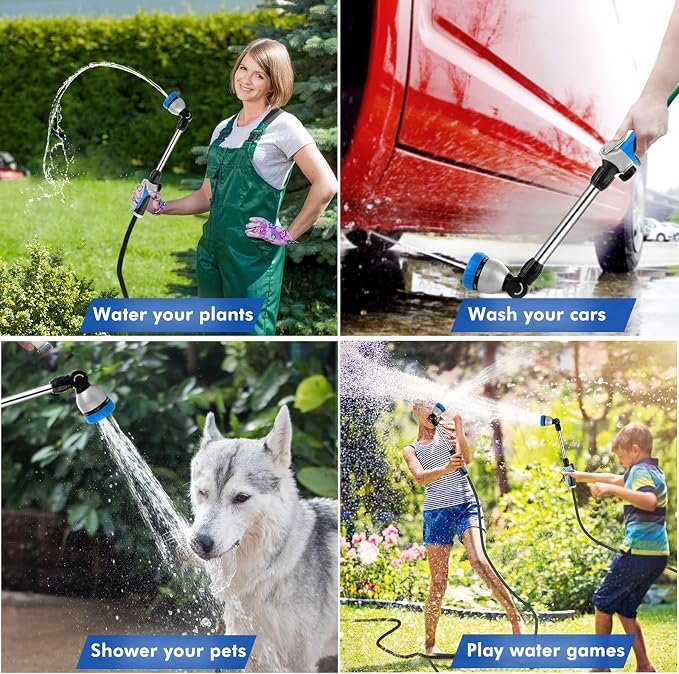 RESTMO Heavy Duty Metal Hose Wand, Watering Wand for Garden Hose | 180° Swivel Ratcheting Head, 16'' Hose Sprayer, 7 Spray Patterns, Flow Control, Ideal for Hanging Baskets & Shrubs, Blue