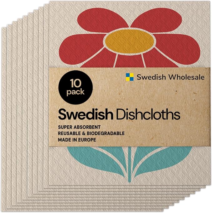 Swedish Wholesale Dishcloths Reusable 8" x 7" Sponge Cloths, Bulk 10 Pack of High Absorbent Cellulose Dish & Kitchen Cleaning Hand Towels, Wring to Dry & Machine Wash, Odor Resistant, Red Flower
