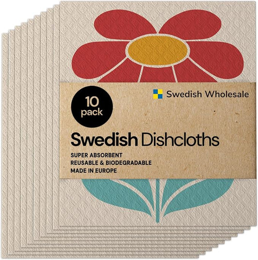 Swedish Wholesale Dishcloths Reusable 8" x 7" Sponge Cloths, Bulk 10 Pack of High Absorbent Cellulose Dish & Kitchen Cleaning Hand Towels, Wring to Dry & Machine Wash, Odor Resistant, Red Flower