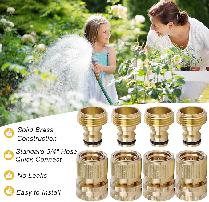 Brass Hose Quick Connect, 3/4 Inch GHT Garden Hose Quick Connector | No-Leak Water Hose Quick Connect Fittings Male and Female - 4Packs