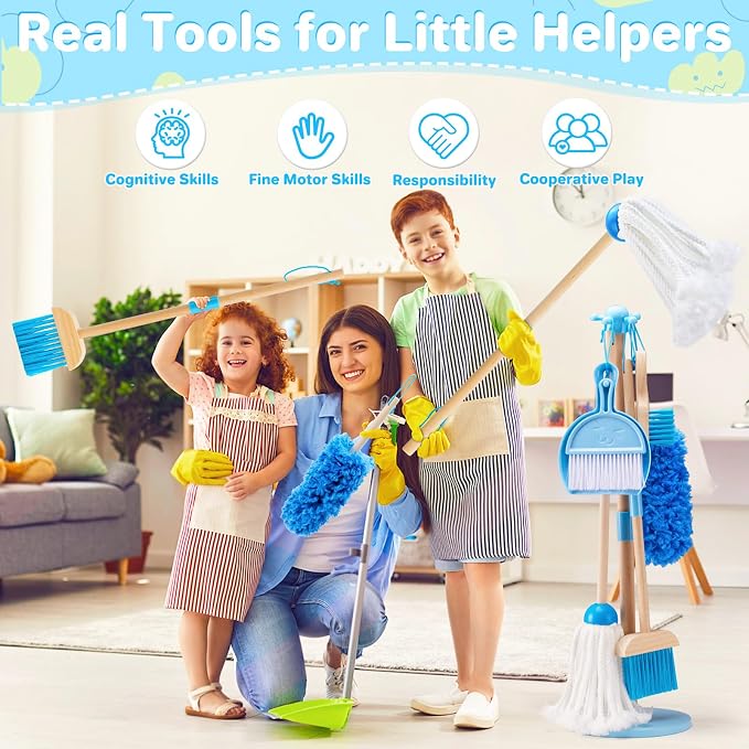 WHOHOLL 9 Pcs Wooden Kids Cleaning Toy Set, Cleaning Toys for Toddlers 3-6, Housekeeping Play Set Includes Broom Mop Duster Dustpan Sponge and Organizing Stand, Christmas Birthday Gifts for Boys Girls