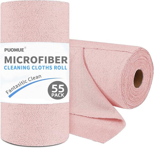 Puomue 55 Pack Microfiber Cleaning Cloth Roll, Tear Away Reusable Paper Towels, 11" X 9", Ultra Absorbent & Lint Free Microfiber Cloth for Cleaning Cars, Kitchen, Window, Home and Shop, Pink