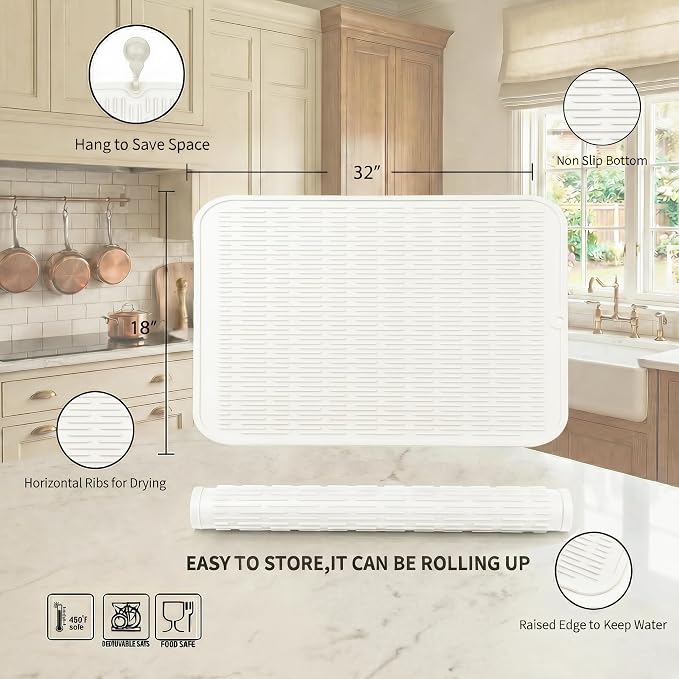 MicoYang Silicone Dish Drying Mat for Multiple Usage,Easy clean,Eco-friendly,Heat-resistant Silicone Mat for Kitchen Counter or Sink,Refrigerator or Drawer Liner White 4XL 32 inches x 18 inches