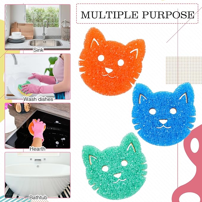 FillTouch 3 Pcs Dual Sided Scrub Sponge Multi Functional Cute Temperature Sensitive Non Scratch Dish Sponge for Washing Dishes Kitchen Bathroom (Cat,Green, Orange, Blue)