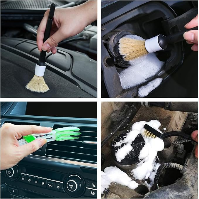 HMPLL 10pcs Detailing Brush Set, White | Includes 5 Soft Car Detailing Brushes , 3 Wire Brush, 2 Air Vent Brush for Cleaning Car Interior and Exterior Detailing