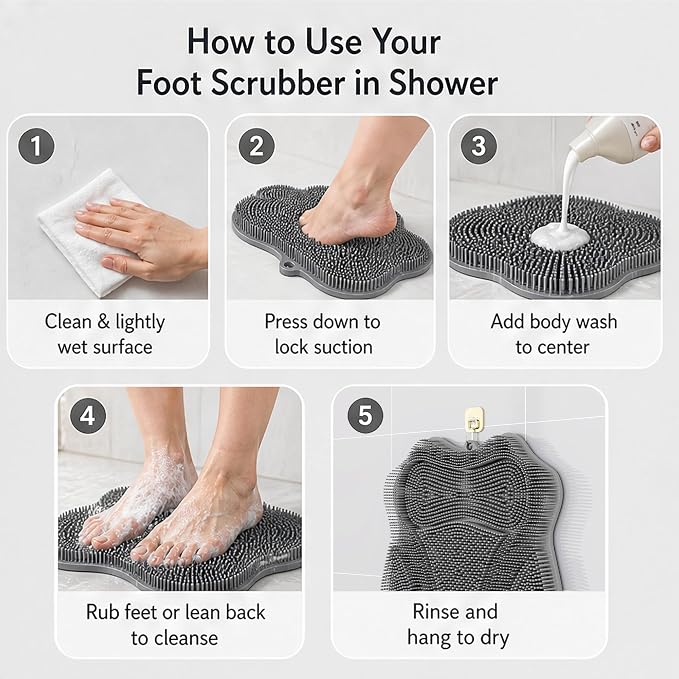 Dual-Sided Silicone Shower Foot Scrubber Mat – Foot Scrubber in Shower for Deep Cleaning & Exfoliation | Wall-Mounted Shower Foot Scrubber Mat & Back Cleaner for Men and Women(Blue, Standard)