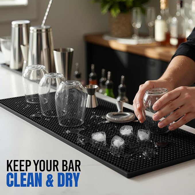 Standard Bar Counter Mats Set of 2, 18 x 12 Inch Rubber Non Skid Bar Top & Coffee Station Drying Mats, Spill Catcher Mats for Bartenders, Restaurants & Kitchen Counters (Black)