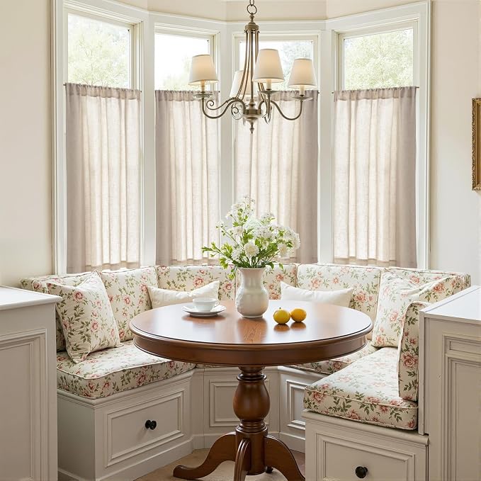 jinchan Linen Kitchen Tier Curtains, 38x45, 2 Panels, Natural | Light filtering, linen blend, rod pocket, farmhouse style, rustic decor, kitchen, bathroom, laundry room, RV, small windows