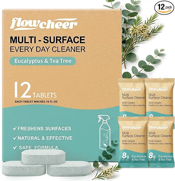 flowcheer Multi Surface Cleaner Refills -12 Pack All Purpose Cleaning Refill Tablet-Makes 192 fl oz Bottles of Spray Cleaner for Household&Kitchen Cleaning (Eucalyptus)