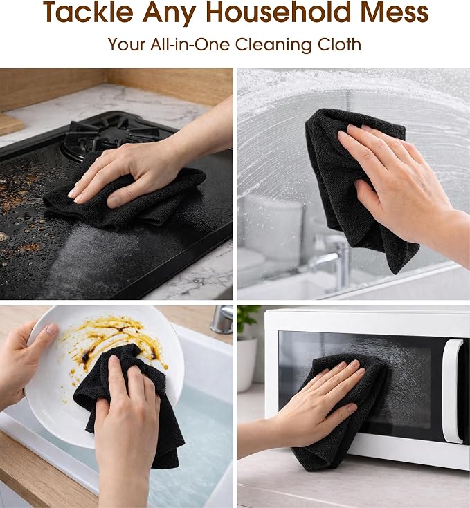 KitchLife Microfiber Cleaning Cloth Roll, 200 Pack - Tear-Away Microfiber Paper Towels, Lint-Free, Reusable, Washable for Kitchen, Car, Dishes, and Sensitive Surfaces (Black)