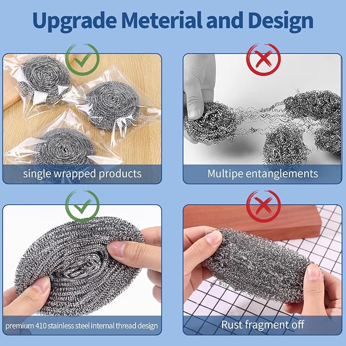 Stainless Steel Scrubber Scrubbing Scouring Pad Sponges Clean Pot Pan and Steel Wool for Kitchen Bathroom (10Pcs Metal Scrubber)