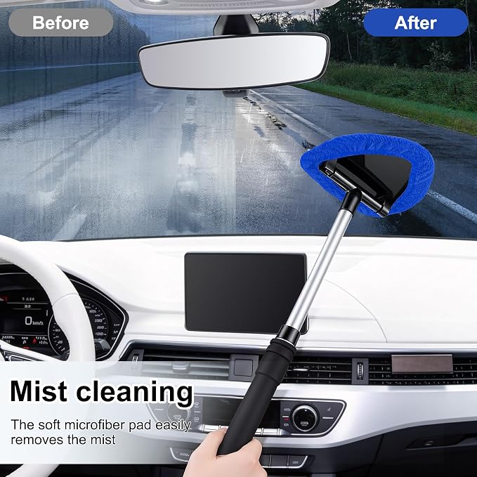 JUSTTOP Windshield Cleaner Tool, Car Interior and Exterior Window Cleaning Kit with Extendable Handle & 4 Reusable Microfiber Pads, Auto Glass Wiper Brush Kit for Car & Home Windows (Blue)