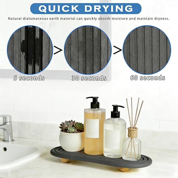Instant Dry Sink Tray, Anti-Slip Stone Sink Caddy, Durable Kitchen Sink Organizer, Quick Dry Water Absorbing Stone Tray for Bathroom Counter, Stone Soap Tray -Dark Gray