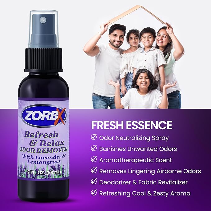 ZORBX Refresh & Relax Lavender Lemongrass Odor Remover Spray 2 Oz | Non-Aerosol Fabric Deodorizer & Room Freshener for Couch, Furniture, Home, Bathroom, Car, Gym & Laundry, Permanent Solution