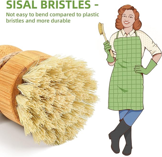 SUBEKYU Bamboo Dish Brush Set with Soap Holder, Wooden Dish Scrubber with Soap Dispenser, Natural Kitchen Scrub Brush, Washing Pot/Pans/Cast Iron, 2 Pack, Sisal + Coconut Palm Bristles