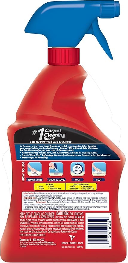 Resolve Ultra Pet Odor and Stain Remover Spray – Carpet Cleaner for Cat and Dog Urine and Poop, 32oz (Pack of 2)