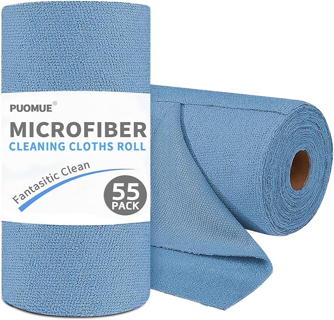 Puomue 55 Pack Microfiber Cleaning Cloth Roll, Tear Away Reusable Towels, 11" X 9", Ultra Absorbent & Lint Free Microfiber Cloth for Cleaning, Kitchen, Window, and Shop (Navy Blue, 9”X11”-55PK)