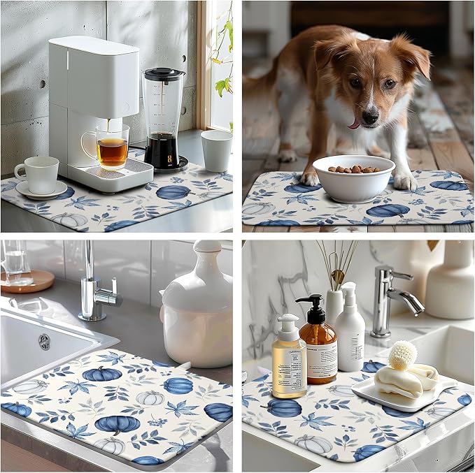 Fall Dish Drying Mat Blue Pumpkin Maple Leaves Drying Mats for Kitchen Counter 16x18 Inch Autumn Thanksgiving Absorbent Microfiber Dish Draining Mat Dishes Pad with Hanging Loop