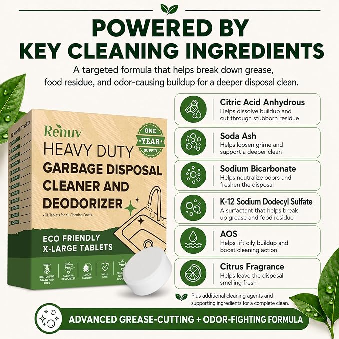 Renuv® Garbage Disposal Cleaner & Deodorizer Tablets, 12 XL Tablets | Foaming Citrus Scent, Drain Freshener, Kitchen Sink Odor Refresher For Garbage Disposer Cleaning