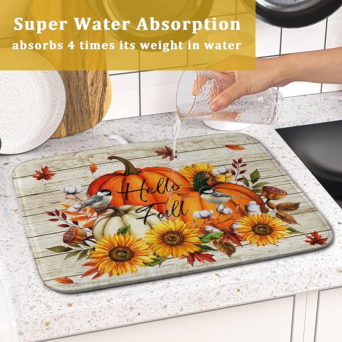 Hello Fall Dish Drying Mat Autumn Pumpkin Dish Drainer Rack Mats 16"x18" Fast Dry Microfiber Dish Drying Pad for Kitchen Countertop Table