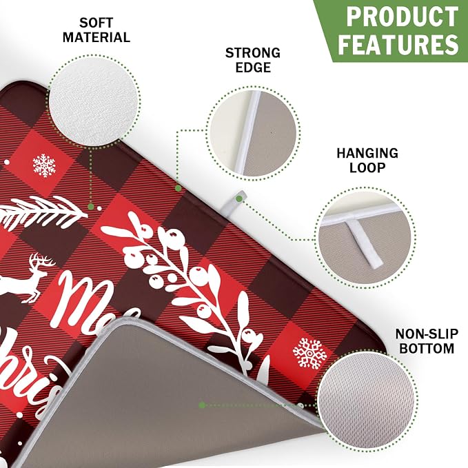 Merry Christmas Dish Drying Mat for Kitchen Counter, Red Buffalo Plaid Kitchen Drying Mat Microfiber Absorbent Dishes Pad Winter Xmas Dish Drainer Rack Mats Fast Dry Kitchen Accessories 16”x18”