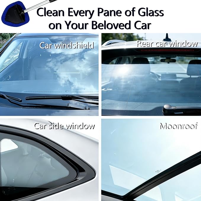 Microfiber Car Windshield Cleaning Tool with Extendable Handle,Car Defogging Glass Cleaning Brush with 4 Reusable Microfiber Pads 1 Spray Bottle and 1 Car Dust Removal Brush. (Blue)