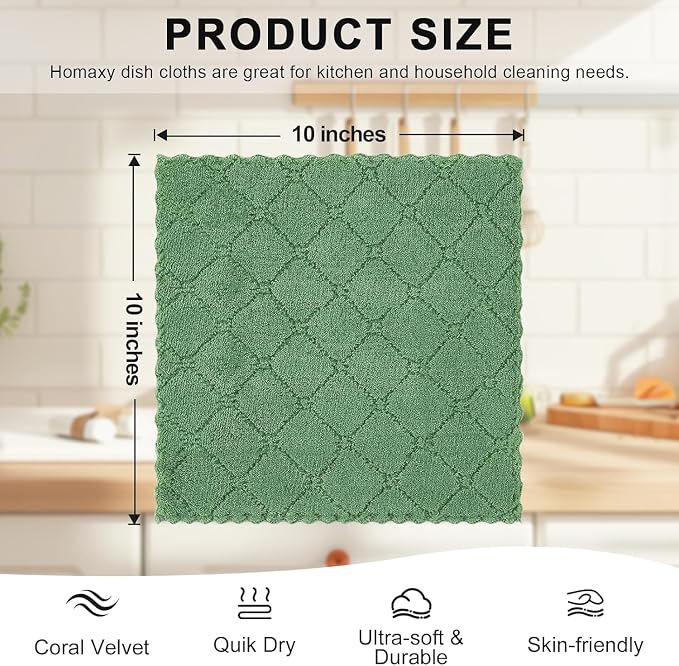 Homaxy 24 Pack Kitchen Dish Cloths (10 x 10 Inches, Grass Green), Super Soft and Absorbent Coral Velvet Dish Towels, Nonstick Oil Fast Drying Microfiber Cleaning Cloth, No Lint Household Dishcloths