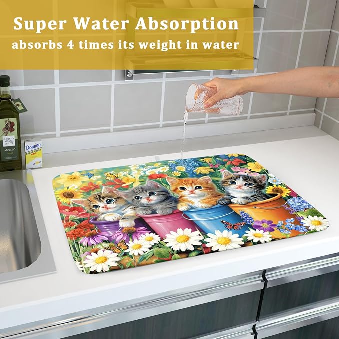 Lovely Cat Drying Mat for Kitchen Counter Colorful Flower Absorbent Coffee Bar Mat 18 X 24