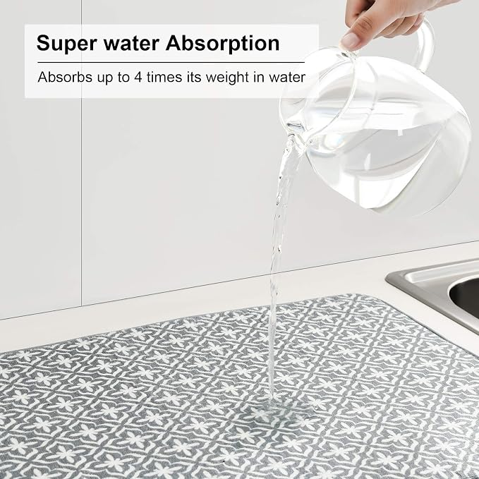 SUBEKYU Dish Drying Mats for Kitchen Counter, Microfiber Absorbent Dish Drainer/Rack Pads for Sink, 19.5*15.8 inch, Set of 2, Grey, leaf