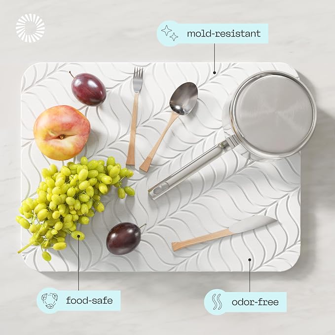 Deepstone Diatomite Stone Dish Drying Mat – Fast-Drying Natural Diatomaceous Earth Kitchen Countertop Drying Board – Super Absorbent & Non-Slip, 16 x 12 in (White)