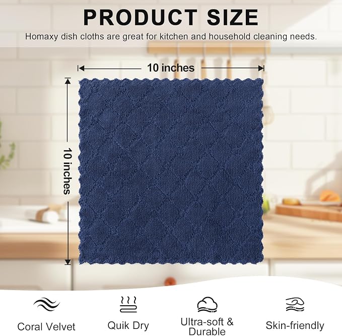 Homaxy 12 Pack Kitchen Dish Cloths (10 x 10 Inches, Navy Blue), Super Soft and Absorbent Coral Velvet Dish Towels, Nonstick Oil Fast Drying Microfiber Cleaning Cloth, No Lint Household Dishcloths