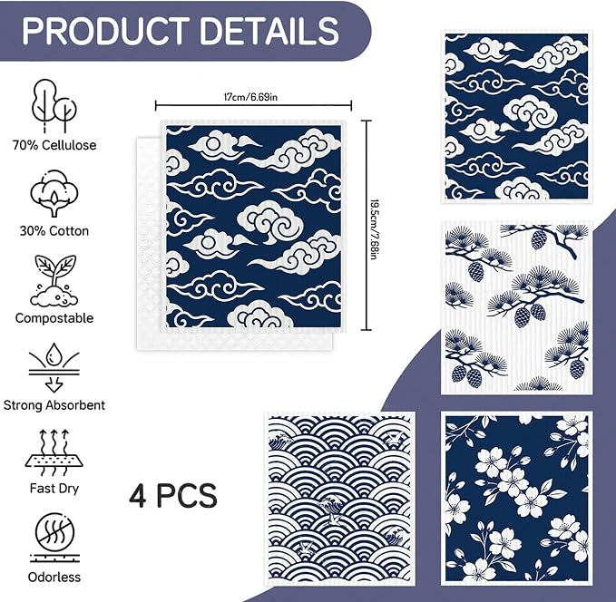 4 PCS Swedish Dishcloths, Japanese Pattern Reusable Kitchen Dish Cloths, Super Absorbent Cellulose Sponge Cloths, Odor Resistant, Dishwasher Safe & Multi-Purpose Cleaning Cloths